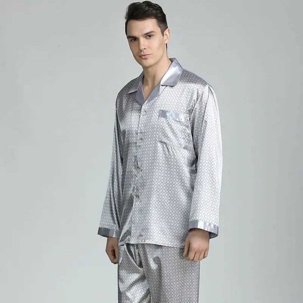Mens Pyjamas Spring Soft Cozy Long Sleeve Sleepwear Set Thin Ice Silk Satin Nightwear Suit Male Top Pants Home Clothing Pajamas X260311