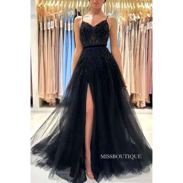 Black A Line Split Evening Dresses Sexy Spaghetti Straps Appliques Beads Ruffles Tulle Long Prom Party Gowns Bc16951 D0311