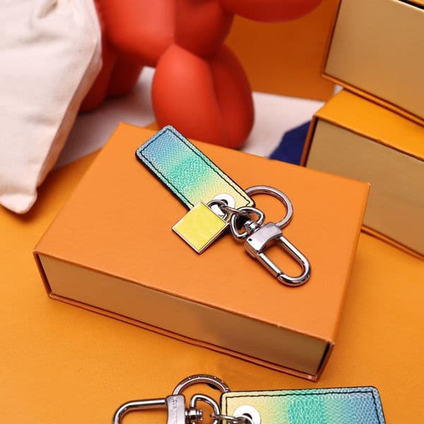 New Silver Tone Keychain With Ombre Green Blue Faux Leather Rectangular Charm And Yellow Square Tag Stylish Daily Bag Accessory Gift For Her