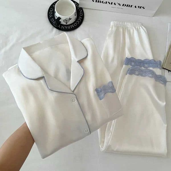 Fashionable Minimalist Ice Silk Nightwear for Women Spring/Autumn Lace Trim Long-Sleeved Fresh-Style Set Homewear Ensemble N260311