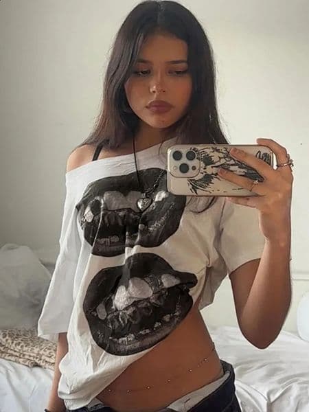 American Street Hip Hop Mouth Print Loose Tshirt Women Personalized Casual Top 260310