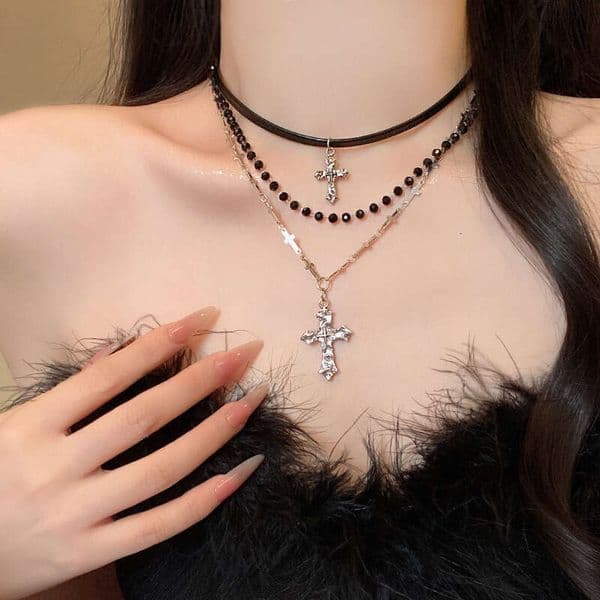 Cross Pendant Necklace for Women Jewelry Leather Rope Chain Multi Layer Dark Style Beaded Layered Clavicle Sweater Chain Niche High End Jewelry