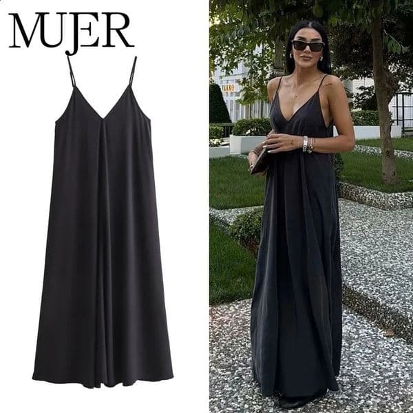 MUJER Black Slip Long Dresses for Women Red Draped Summer Dress Woman 2025 Sexy Backless Maxi Dress Women Summer Beach Dresses 260311