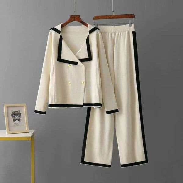 European And American Embossed Set Stylish Age Reducing Round Neck Fashion Sweater Loose Knitted Casual Sweatpants