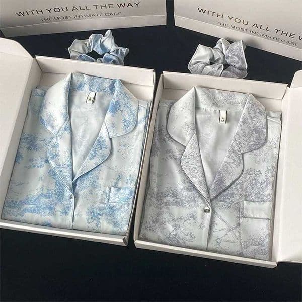 Autumn Winter New Ice Silk Womens Home Clothes Lapel Button Cardigan 2 Piece Outfit Set Women Senior Pajamas for Women N260311