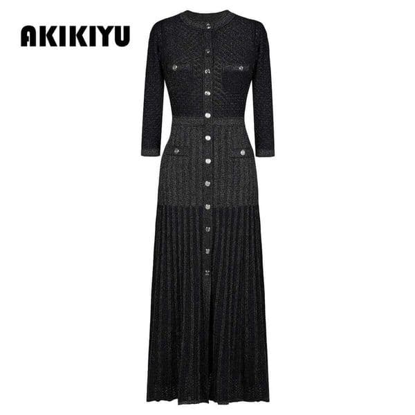 High Quality Fashionable Elastic Bright Silk Knitted Round Neck 7-Inch Sleeve Single Row Button Lace Slim Fit Women's Dress AKIKIYU