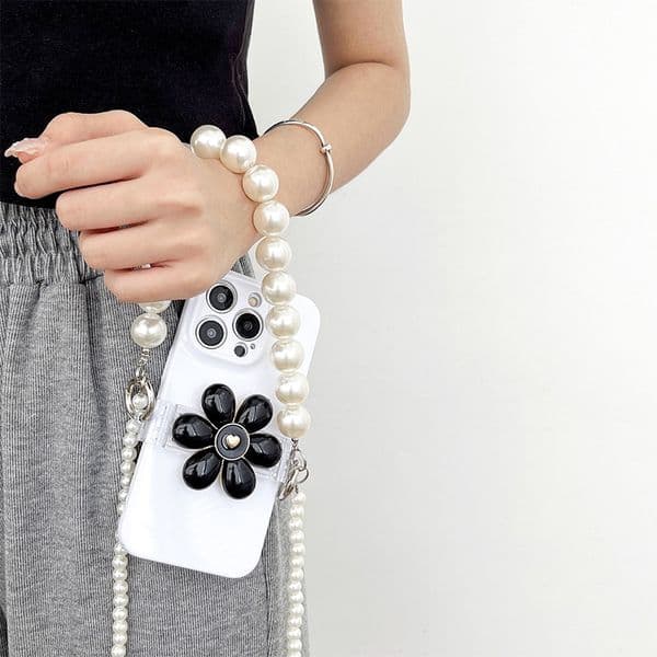Pearl Flower Phone Case Clip Phone Chain - Detachable Wrist & Crossbody Strap for Phone Case