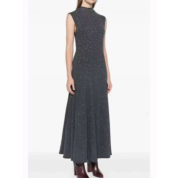 Autumn New Fashion Diamond Decoration Gray Knit Long Dress Women Elegant Temperament Sleeveless Half Turtleneck Slim Robe Ladies Mdng260311