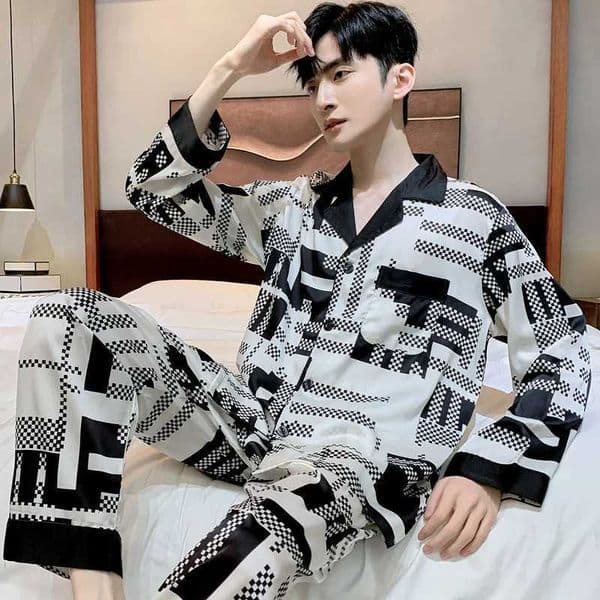 High Quality Satin Printed Pajamas Set Mens Nightwear Ice Silk Long Sleeve Loose Thin Teen Home Clothing Wear Suit Male Pyjama X260311