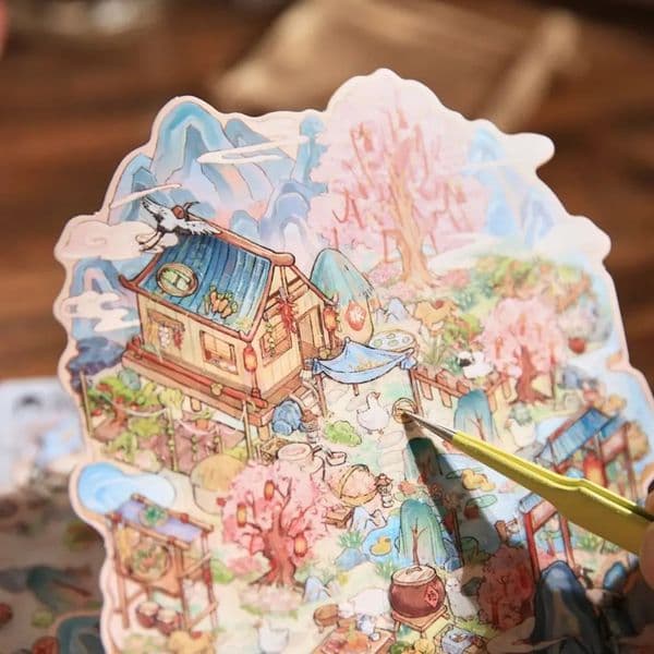 Chinese Retro 3D Stacked Landscape Stickers Cartoon Multicolor DIY Scene Decals Game PVC Landscaping Making Sticker 260311