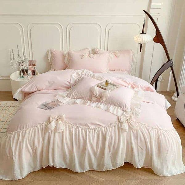 Chiffon Lace Bedding Set Pink France Romantic Princess Wedding Ruffles Bow Soft Duvet Cover Bed Sheet Pillowcases Home Textile S26