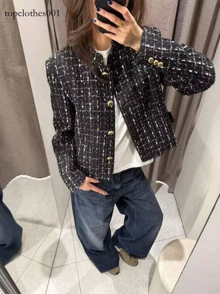 Elegant Tweed Stand Collar Jacket Women Fashion Full Sleeve Single Breasted Short Coat 2026 Spring Lady Casual Daily Wears New