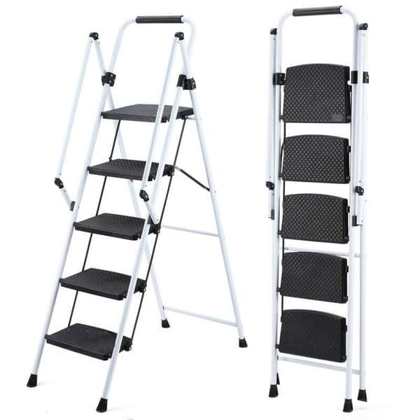folding stool, wide pedals, ladder, with safety anti slip handle, lightweight 330 pound portable steel ladder stool in White 5 steps