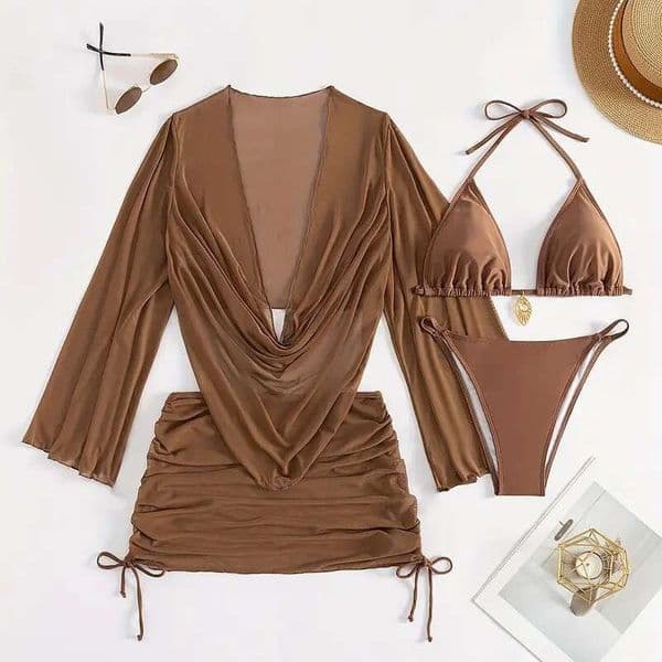 European American style two-piece women, sexy four-piece set with sheer cover-up and tie-up bikini, new cross-border foreign trade swimsuit for women