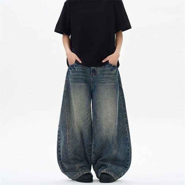 2026 Spring Mens Jeans Oversized Wide Leg Pants Loose Vintage Patchwork Lightning Cracked Denim Trousers Streetwear Male 260227