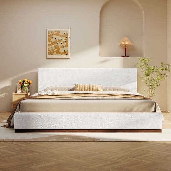 Elegant White Fabric Upholstered Bed With Nice Grain Textured Solid Wood Base Frame,White,King