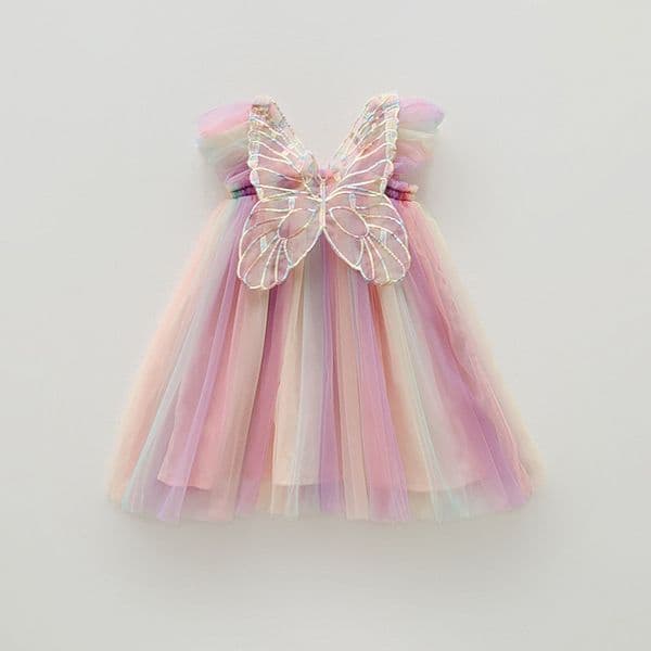 Girl Butterfly Wing Tulle Dress, Toddler Rainbow Princess Tutu for Birthday Party