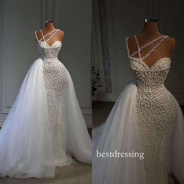 Arabic Beads Mermaid Wedding Dresses Tailored Feather 3D Floral Bridal Gowns Vestidos De Novia D0309