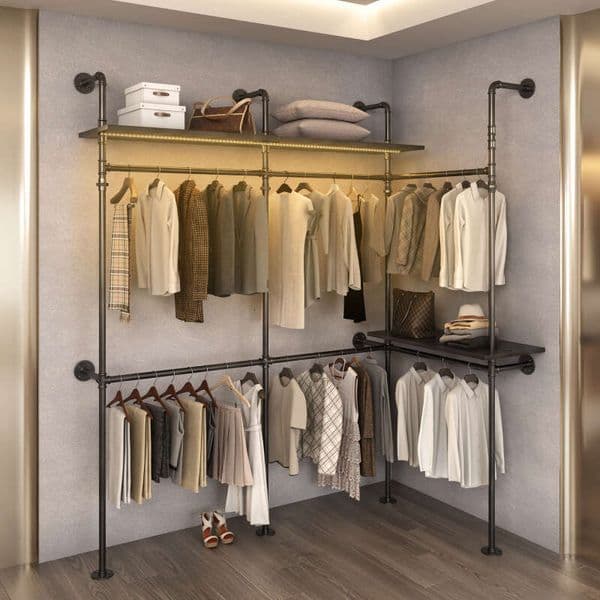 Industrial Pipe Clothing Rack, Reversible 118.3'' Clothes for Hanging Clothes, Heavy Duty Garment Wardrobe Rack with LED Lights & Shelves, Walk-in Closet System, Black Three