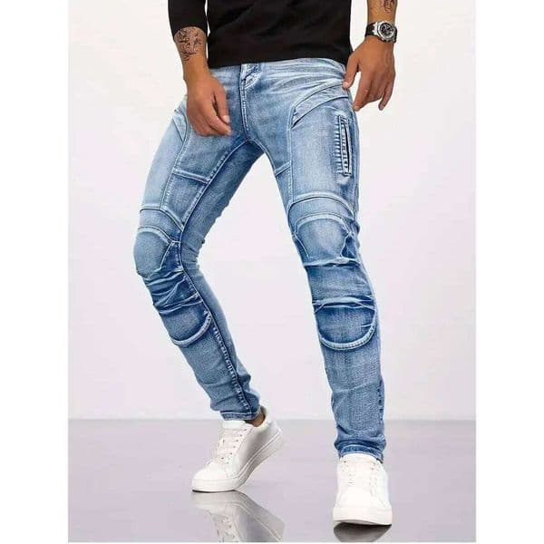 Two Tone Patchwork Men Trendy for Summer Thin Straight Pants Slim Fit Small Leg Distressed Jeans C260310