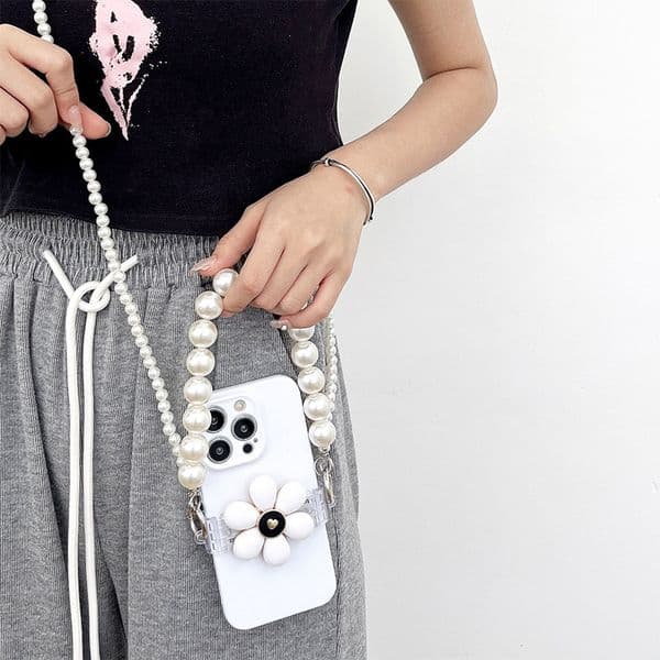 Elegant Flower Pearl Phone Chain - Detachable Wrist & Crossbody Strap for Phone Case