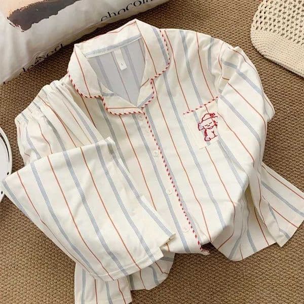 Cartoon Dog Embroidery Cute Plus Size Womenns Pajamas Two-piece Set Sleepwear Striped Simple Fashion Autumn Winter New Homewear N260311