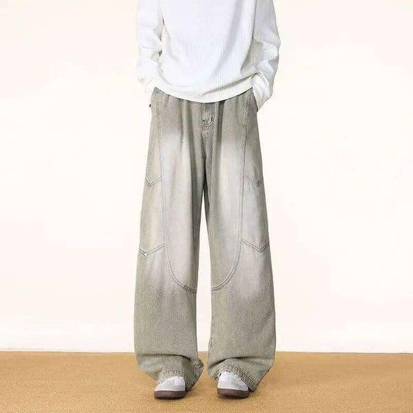 Men's Spring And Autumn Fashion Washed Large Versatile Casual Retro Splicing Nail Beaded Jeans Loose Straight Leg Pants C260310