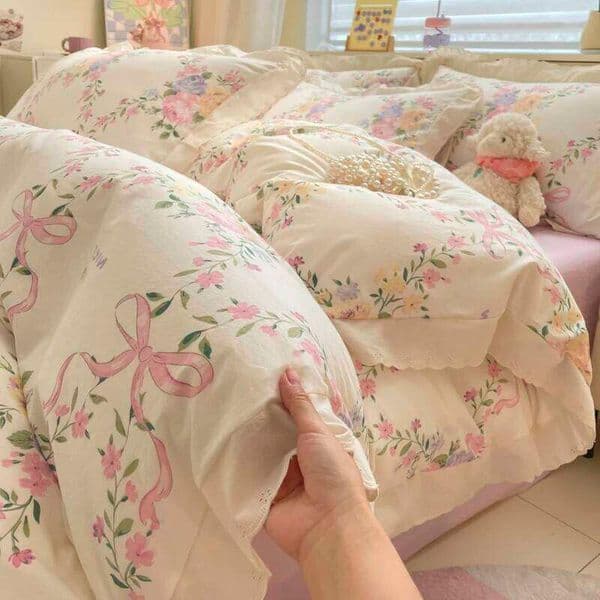 3ps Thickened Plant Floral Duvet Pink Bow Design Girl Woman Bedroom Bedding Set Colored Flowers Home Comforter Cover H260311