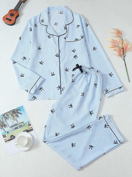 Ladies blue and white striped bow print pajama set long-sleeved button-down shirt and long pants winter home pajamas casual X260311