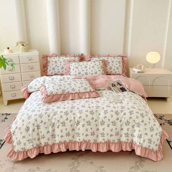 Korean Style knitted Double-Layer Yarn Four Piece Floral Lace Ruffles Bedding Set Soft Quilt Cover Bed Sheet Pillowcase 4Pcs S26