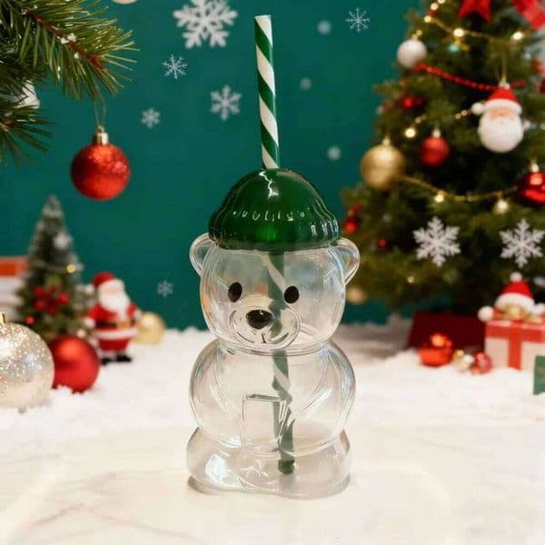 500ML Cute Bear Glass Plastic Cup, Green Lid, Striped Straw, Suitable for Daily Coffee L260601