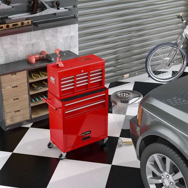High Capacity Rolling Chest with Wheels and Drawers, 8-Drawer Tool Storage Cabinet--RED