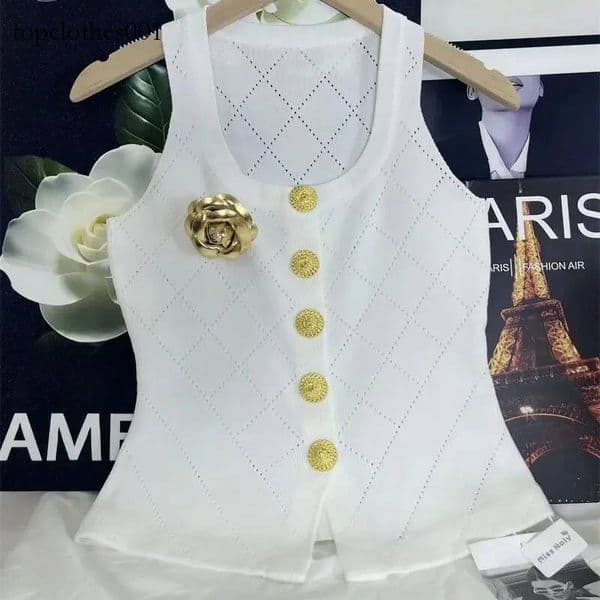 Vintage 3D Flower Camisole Summer New Golden Buttons Elegant Knitted Vests For Women Fashion Hollow Out Slim Crop Tops K719