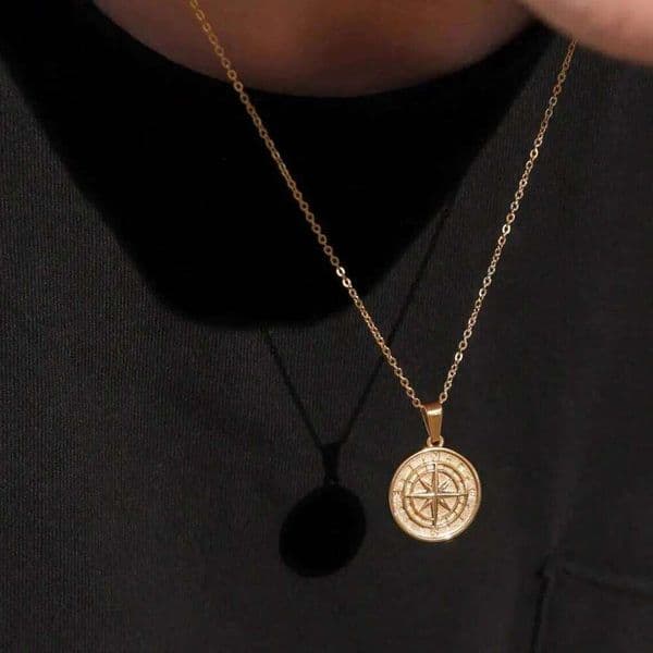 Gold Color Mens Compass Necklaces,Vintage Viking North Star Anchor Medal,Stainless Steel Pendant for Male Boyfriend Dad Gift