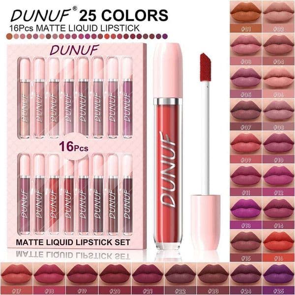 Matte Lip Gloss 16pc/set: Waterproof Lipstick Moisturizing Long Lasting Non-Stick Cup, Nude, Y2K Christmas Valentine's Day Gifts Z260311