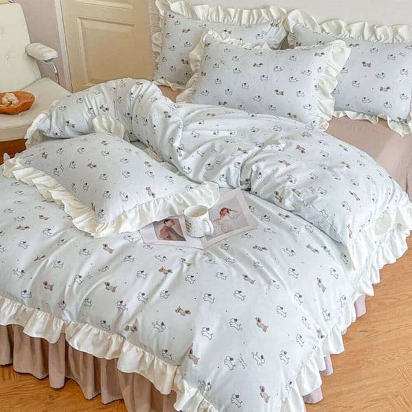 Princess Style Bedding Lace Bed Skirt Small Floral Print Soft Cotton Fabric Four Piece Set Skin Friendly Nude Sleeping Sheet S26