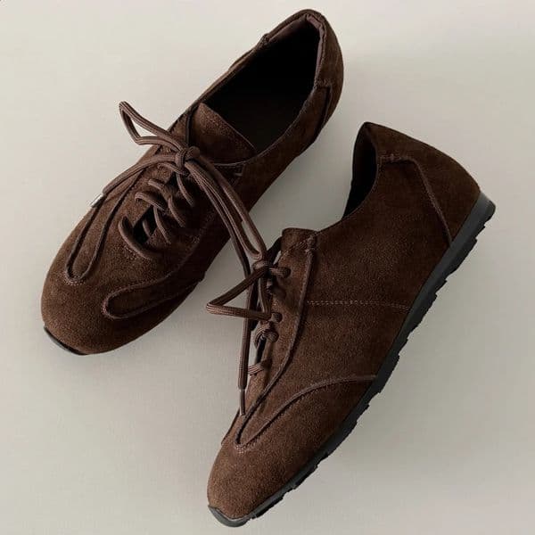 danxuefei womens natural suede leather round toe lace-up flats sneakers high quality soft comfortable casual daily shoes woman 260306