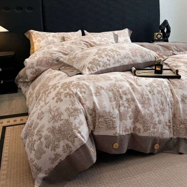Plant Print A-Class Linen Bedding Button Four Piece Set Thicken Duvet Cover Bed Sheet Pillowcases Bedroom Decor Home Textile H260311