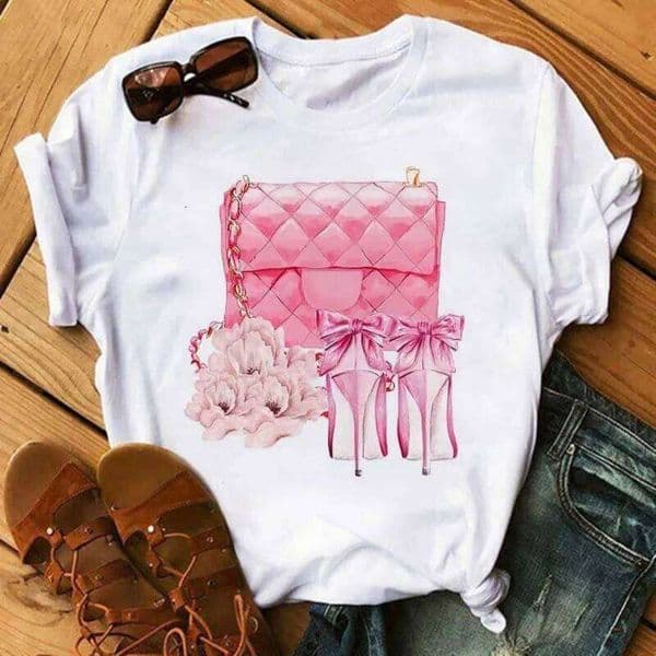 Maycaur Pink High Heels Flowers Bag Print T Women Trendy Hipster Harajuk Kawaii Short Sleeves Tops Tee Shirt Femme Clothes Z260311