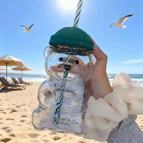 2026 New On Sale Bear Shape Plastic Or With Straw Coffee Mug Cute Cartoon Creative Glass Juice Tea Cup Drinkware L260601