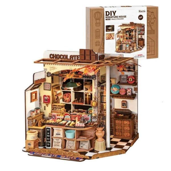 Robotime Rolife Henrys Chocolate DIY Miniature House Kit Wooden Dollhouse Model Building Kit With LED Craft Gifts for Adults X260311