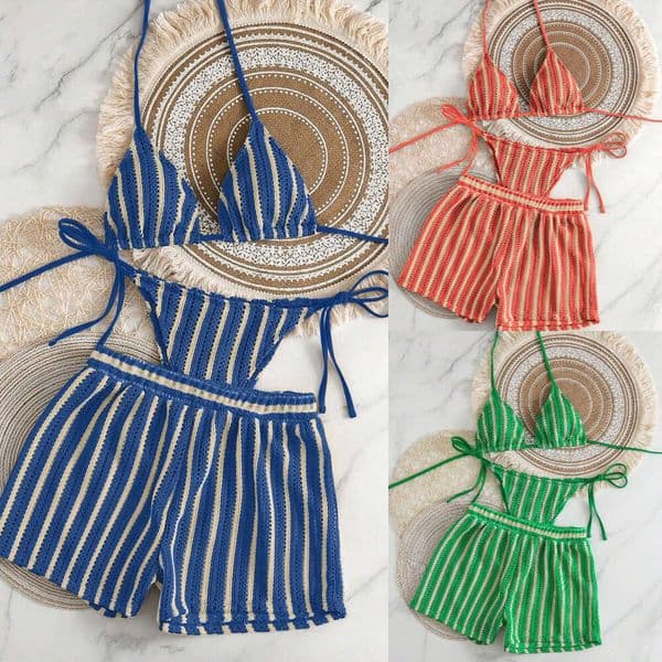 Cross-border knitted mesh striped two-piece swimwear with boxer shorts, feminine woven bohemian bikini three-piece set