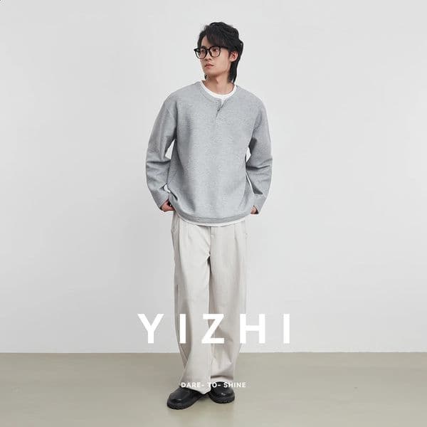Autumn 2025 Fashion Men Two-piece Solid Color Loose Long-sleeved T-shirt Casual Versatile Bottoming Shirt Top Pullover 260311