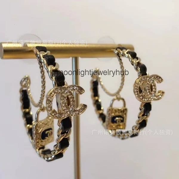 Designer jewelry cc earrings luxury C-shaped Black Leather Cord Double Lock Inlaid Diamond Earrings Fashion Jewelry Channels Earrings