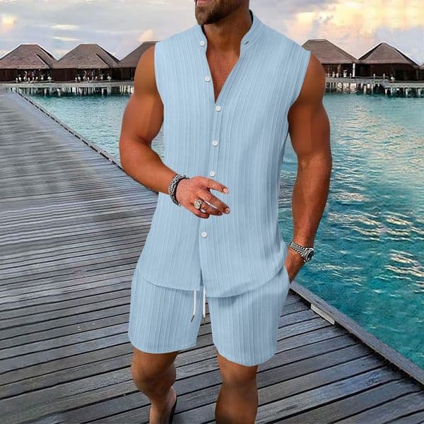 2025 Mens Casual Loose Sleeveless Buttoned Shirt Fashionable Stand Collar Beach Suit