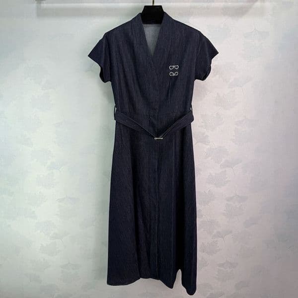 Women Stylish Denim Dress V Neck Short Sleeve Dresses Spring Summer Jean Dress With Waistband