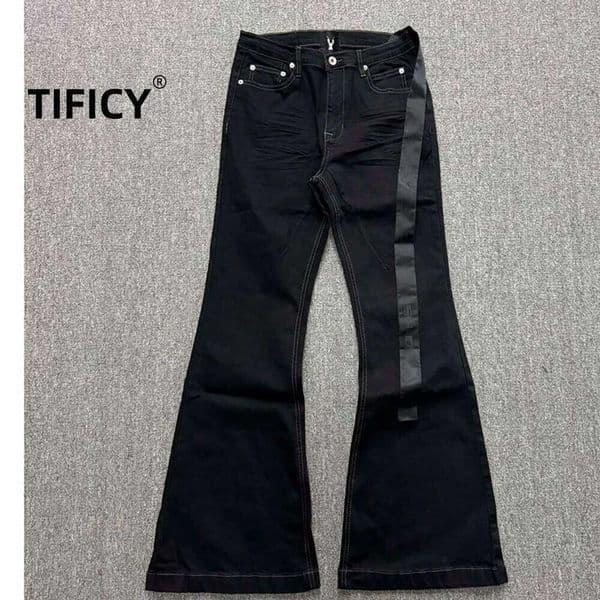 High Street RO Style Denim Men's 24SS Basic Elastic Black Ribbon Loose Flared Streetwear Casual Jeans Pants Men Clothing Z260124