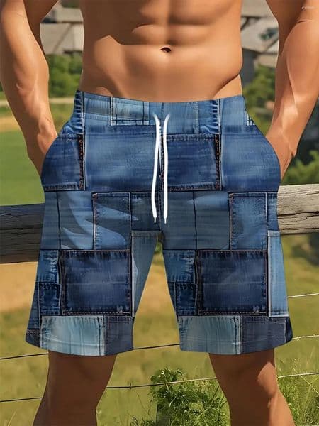 Men's Shorts Selling Fashion 3D Printed Summer Outdoor Blue Denim Texture Pattern Hip-hop Street Beach Large Size