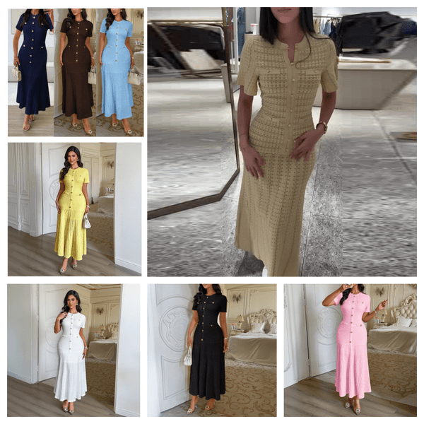 Casual Dresses 2026 Spring Fashion Beige Temperament Knit Long Dress Women Elegant O-neck Hollow-out Short Sleeve Slim Robe Ladies