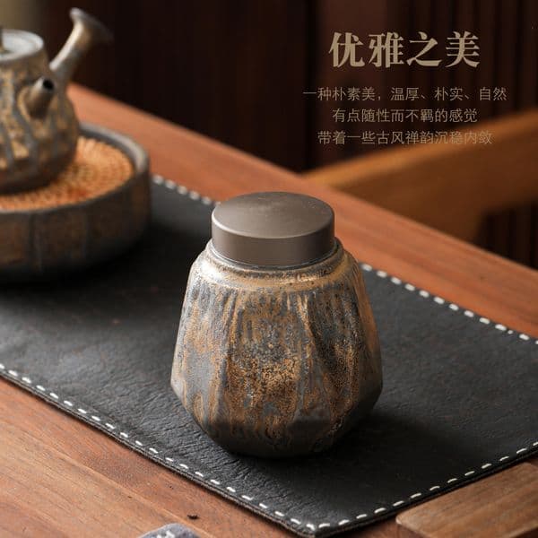 Bestseller Simple And Beautiful Small Ceramic Pu'er Portable Sealed Metal Lid Coarse Pottery Packaging Box Storage Tea Canister Ddmysat